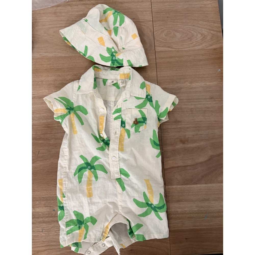 Baby Gap Palm Tree Linen Romper & Bucket Hat Set – 6-12 Months Tropical Boys